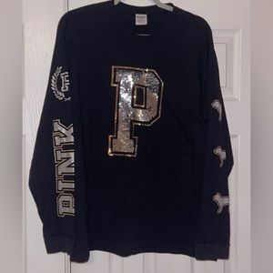 PINK VICTORIA SECRET LARGE BLACK AND GOLD BLING LONG SLEEVE SHIRT